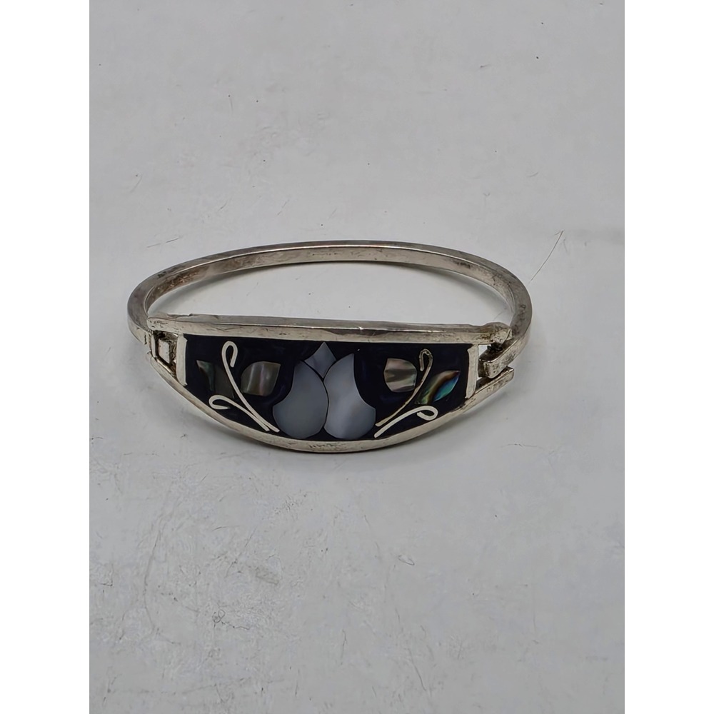 Vintage Alpaca Mexico Mother of Pearl Abalone Inlay Hinged Bangle Bracelet‎